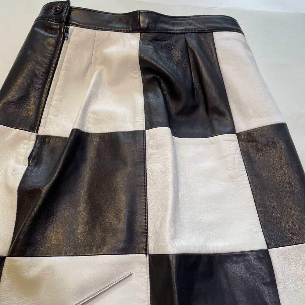 Vintage 90s Bagatelle Leather Checkered Mini Pencil Skirt Mod Retro Waist 27" - Picture 8 of 16